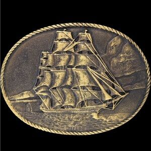 Brass Ship Sailing Nautical Clipper Galleon Hippie 1970s Nos Vintage Belt Buckle